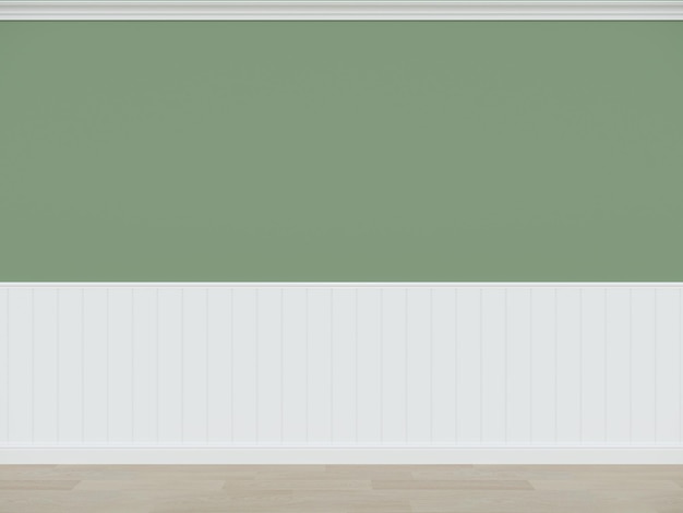 Parede verde com piso de madeira 3d renderizando quarto vazio