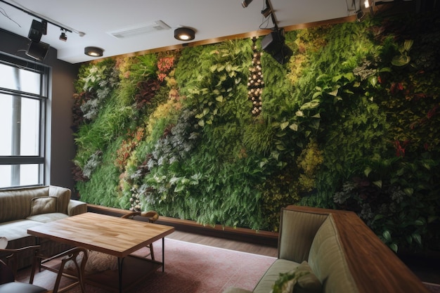 Parede verde de folhagem natural e flores em casa ecológica criada com IA generativa