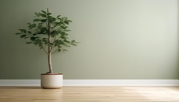 Parede verde-salvia em branco em casa com árvore tropical verde em branco baseboard de vaso de design moderno