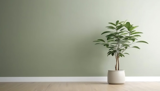 Parede verde-salvia em branco em casa com árvore tropical verde em branco baseboard de vaso de design moderno