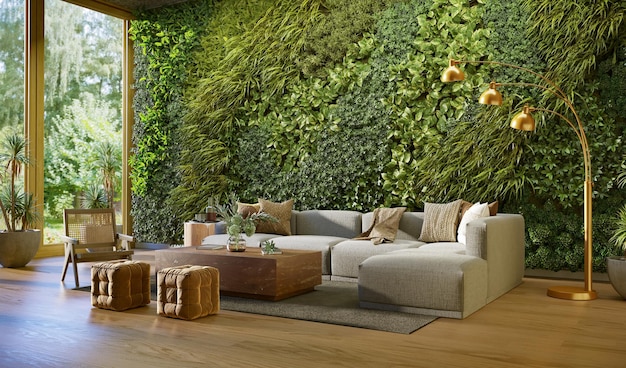 Parede verde vertical em uma renderização 3d interior da sala de estar
