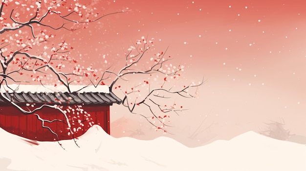 Parede vermelha de inverno, flor de ameixa orgulhosa, neve para dar as boas-vindas ao inverno, fundo de ilustração