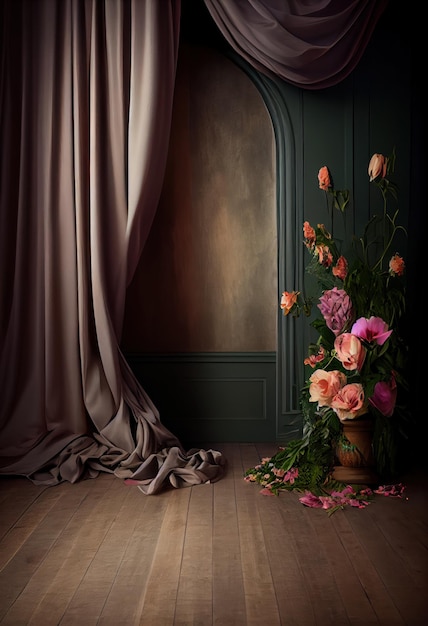 Parede vintage escura decorada com flores e cortinas de seda