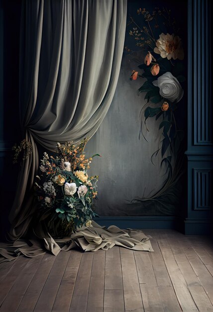 Parede vintage escura decorada com flores e cortinas de seda