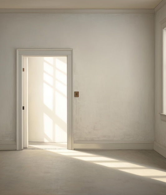 Paredes brancas em uma sala pequena com porta branca