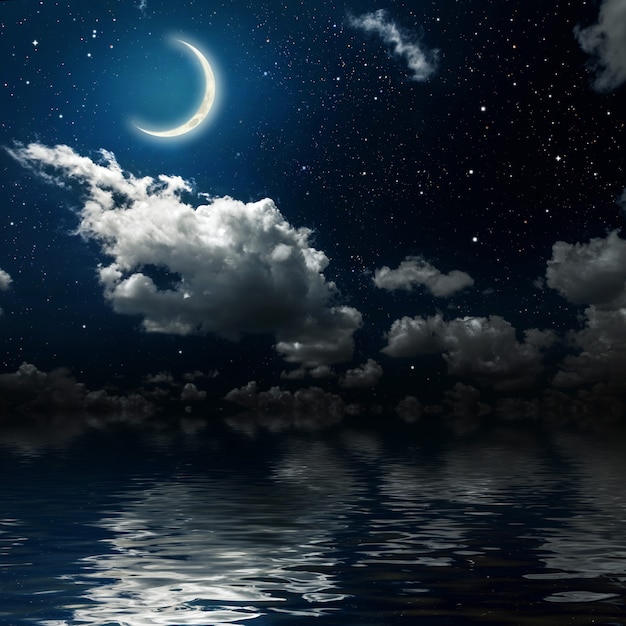 paredes céu noturno com estrelas, lua e nuvens.
