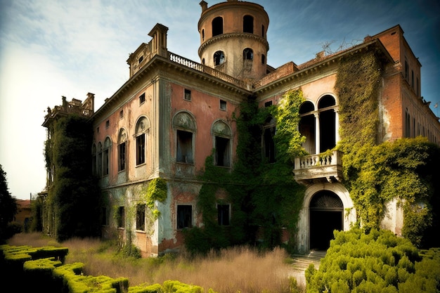 Paredes cubiertas de musgo destrozadas de una casa grande con asilo abandonado