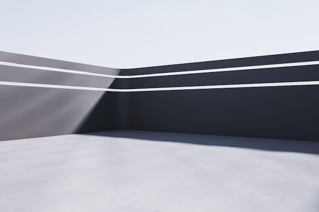 Paredes de concreto de espaço aberto moderno com luz solar e renderização 3D simulada