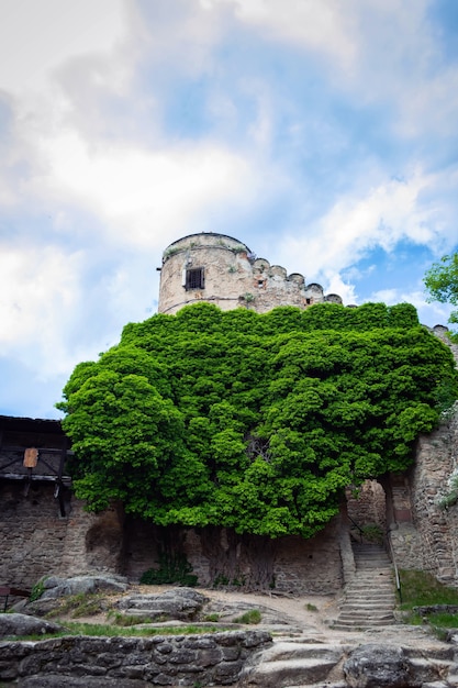 Paredes defensivas e fortificações de um castelo medieval.