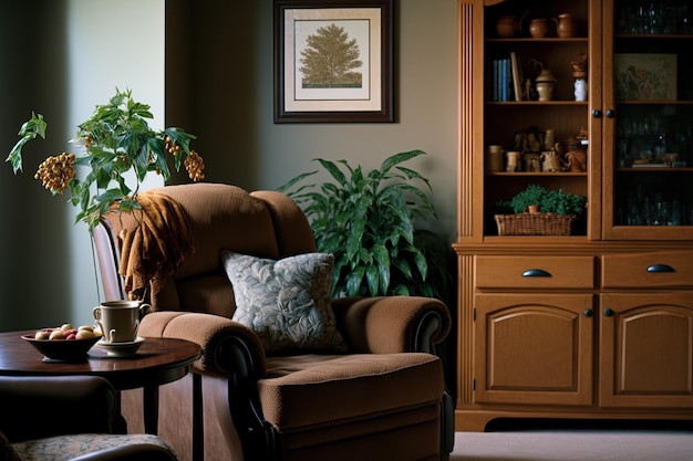 Paredes interiores de cores quentes na sala de estar, uma poltrona reclinável cinza e um armário de madeira
