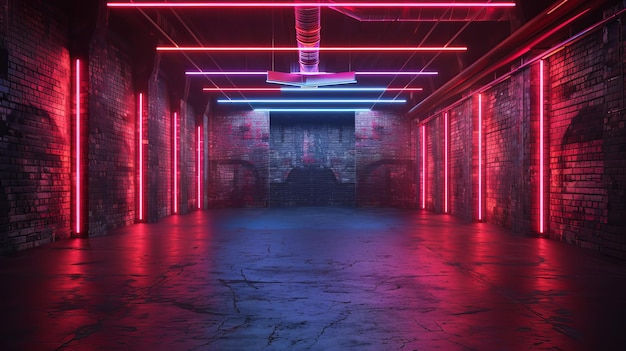 Paredes de ladrillo láseres de neón rojo azul rayos brillantes piso de hormigón vacío de baile garaje almacén subterráneo escenario de espectáculo 3D representación ilustración de retro moderna sala de baile de ciencia ficción