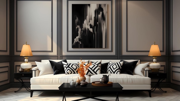 Las paredes y los muebles son blancos con negro