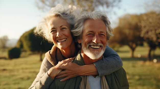 Foto una pareja de 70 años disfruta felizmente de un día soleado en el parque