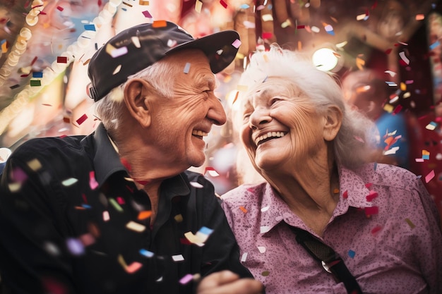 La pareja de 70 años sonríe en el carnaval con confeti Una agradable pareja jubilada celebrando el carnaval riendo y disfrutando de la fiesta