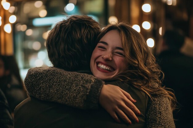 La pareja se abraza alegremente en un ambiente cálido e íntimo por la noche IA generativa