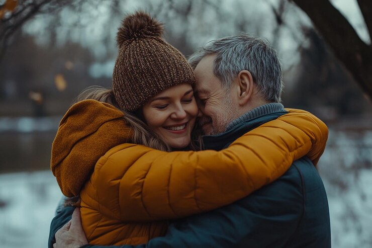 Una pareja se abraza alegremente en un parque sereno durante una tarde de otoño IA generativa