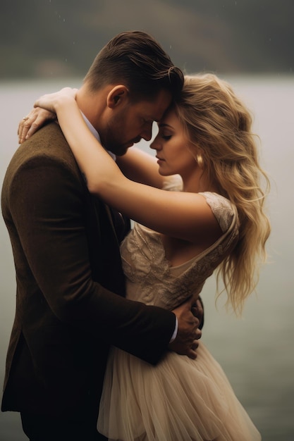 Una pareja se abraza frente a un lago.