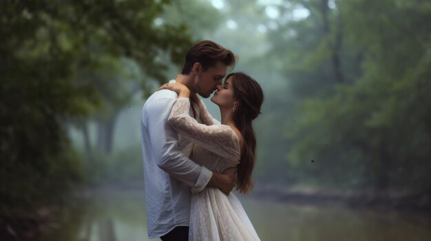 Una pareja se abraza frente a un lago.