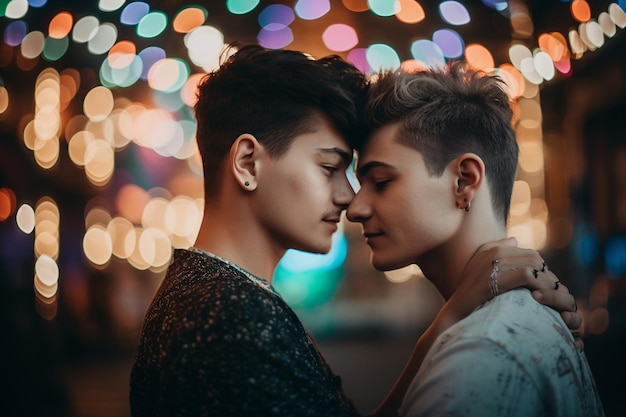 Una pareja se abraza frente a unas luces de colores.