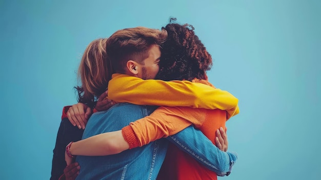 una pareja se abraza con la palabra en la espalda