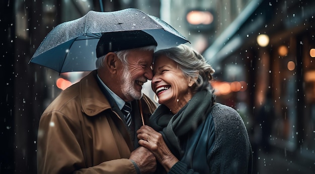 Una pareja se abraza bajo un paraguas bajo la lluvia