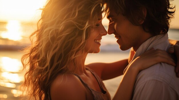 Una pareja abrazada en una playa al atardecer expresando su amor y disfrutando del hermoso paisaje