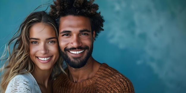 Una pareja abrazándose alegremente contra un fondo azul que irradia felicidad Concepto Amor Felicidad Retrato de una pareja Con fondo azul Abrazamiento