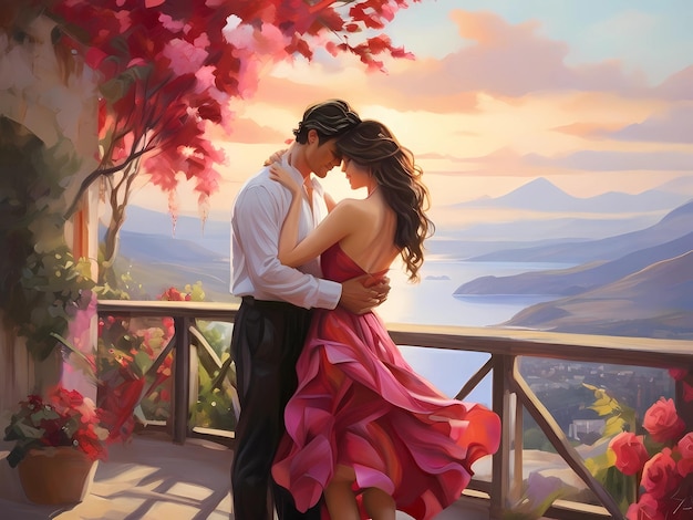 Una pareja abrazándose apasionadamente en un entorno pintoresco Los vibrantes colores de su ropa