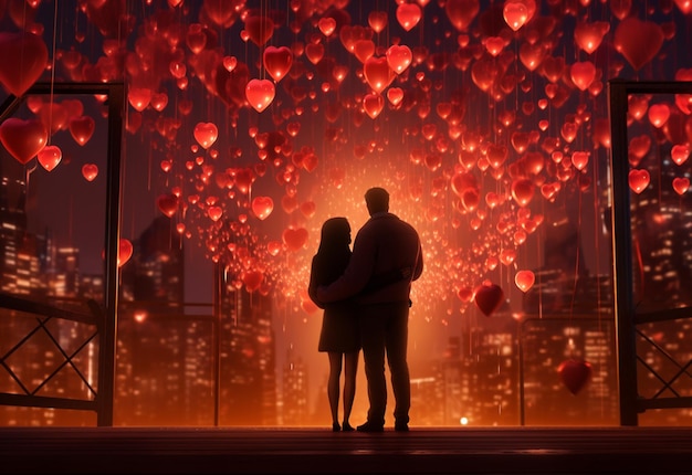 Una pareja abrazándose en el área del Día de San Valentín iluminada por el cálido resplandor de los corazones colgantes