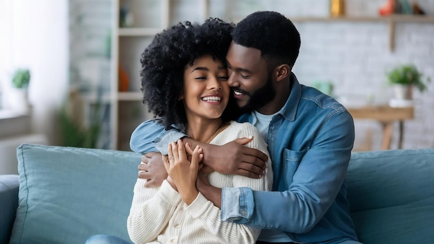 Una pareja abrazándose en casa.