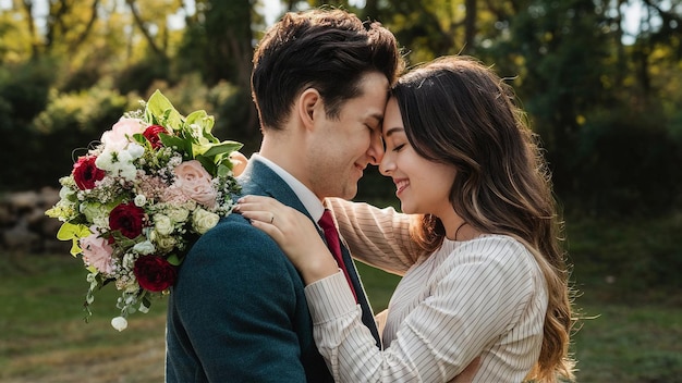 una pareja abrazándose en un parque