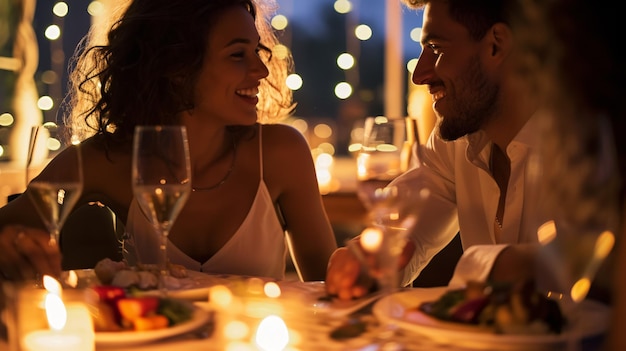 Foto una pareja en un abrazo íntimo saboreando una cena a la luz de las velas sus ojos cerrados sonríen compartieron un brindis elevado al encanto del amor una noche inolvidable que irradia romance y celebra