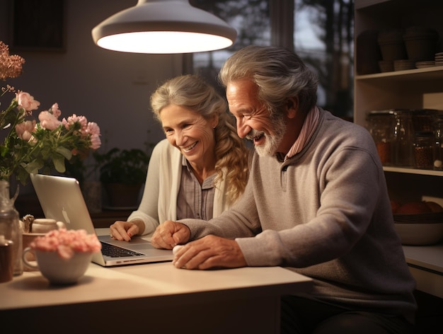 Una pareja de abuelos en conferencia a través de una computadora portátil