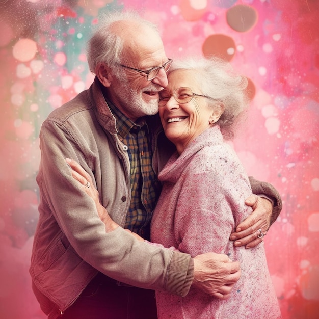 Pareja de abuelos románticos sobre un fondo rosa