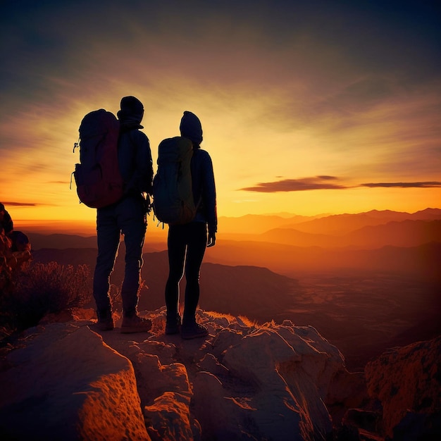 Una pareja se para en un acantilado con el sol poniéndose detrás de ellos.