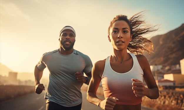 Pareja activa corriendo al aire libre por la mañana corriendo en la calle de la ciudad