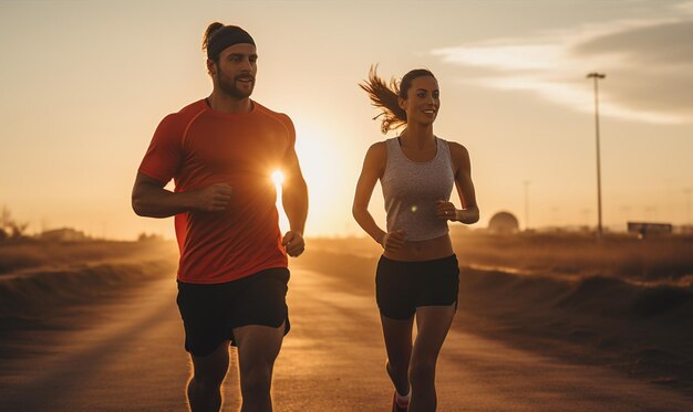 Pareja activa corriendo al aire libre por la mañana corriendo en la calle rural con vistas a la montaña