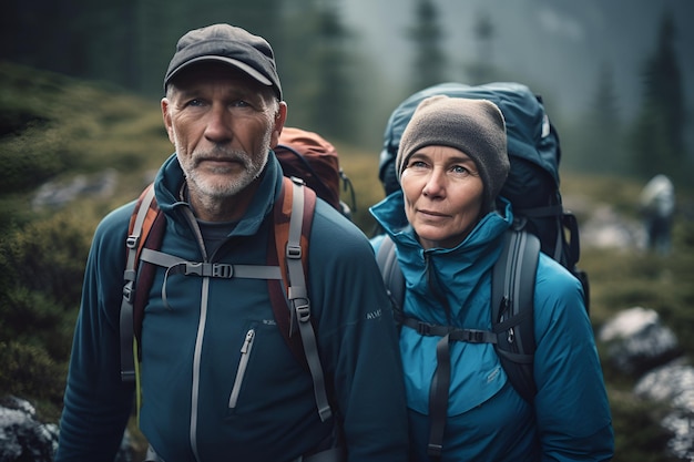 Pareja activa de mediana edad de pie con montañas en el fondo estilo de vida activo ai generativo