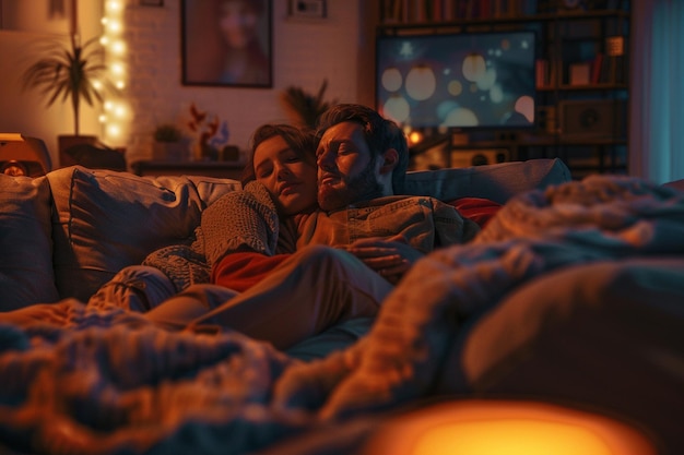 Una pareja acurrucada viendo una película