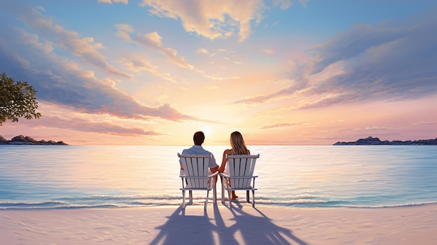 Pareja admirando la hermosa playa de arena blancapareja admirando la puesta de sol en la playa