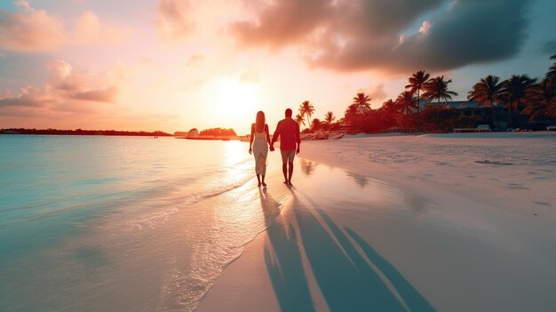 Pareja admirando la hermosa playa de arena blancapareja admirando la puesta de sol en la playa