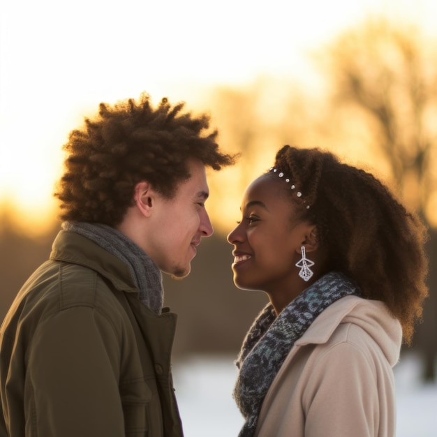 Una pareja adolescente y interracial está disfrutando de un romántico día de invierno.