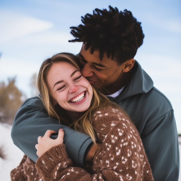 Una pareja adolescente y interracial está disfrutando de un romántico día de invierno.