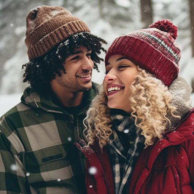 Una pareja adolescente y interracial está disfrutando de un romántico día de invierno.