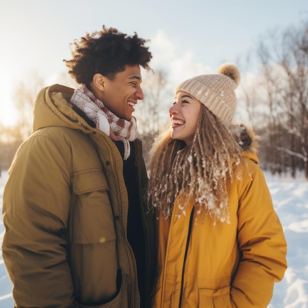 Una pareja adolescente y interracial está disfrutando de un romántico día de invierno.