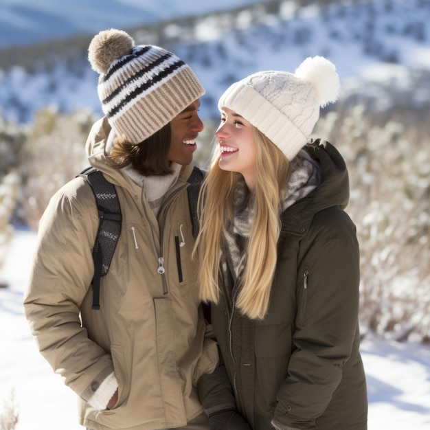 Una pareja adolescente y interracial está disfrutando de un romántico día de invierno.