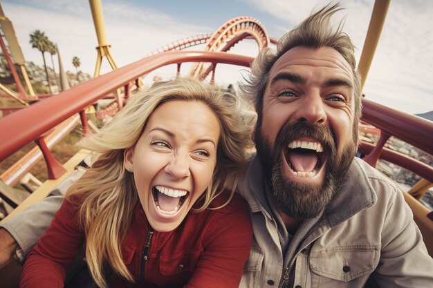 Foto una pareja adulta se divierten juntos montando en montaña rusa en el parque de la luna durante las vacaciones festivas o vacaciones la gente joven disfruta y ríe mucho en el parque temático de atracciones felicidad ocio al aire libre