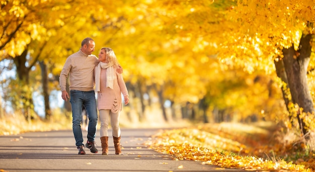 Una pareja adulta enamorada en un paseo por el callejón dorado de otoño.