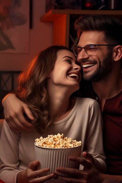 Una pareja adulta viendo la televisión en casa mientras se sienta en un sofá iluminado por un espacio de copia de luz cálido y acogedor.