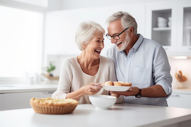 Una pareja de adultos casados caucásicos horneando en la cocina.